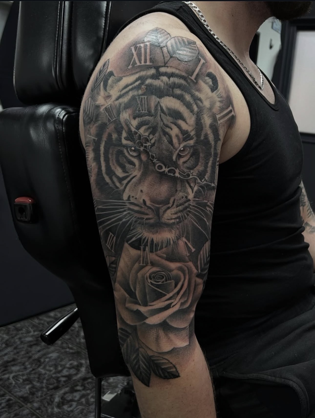 Tiger with Roman numeral clock and rose black and grey sleeve by Danny Birch