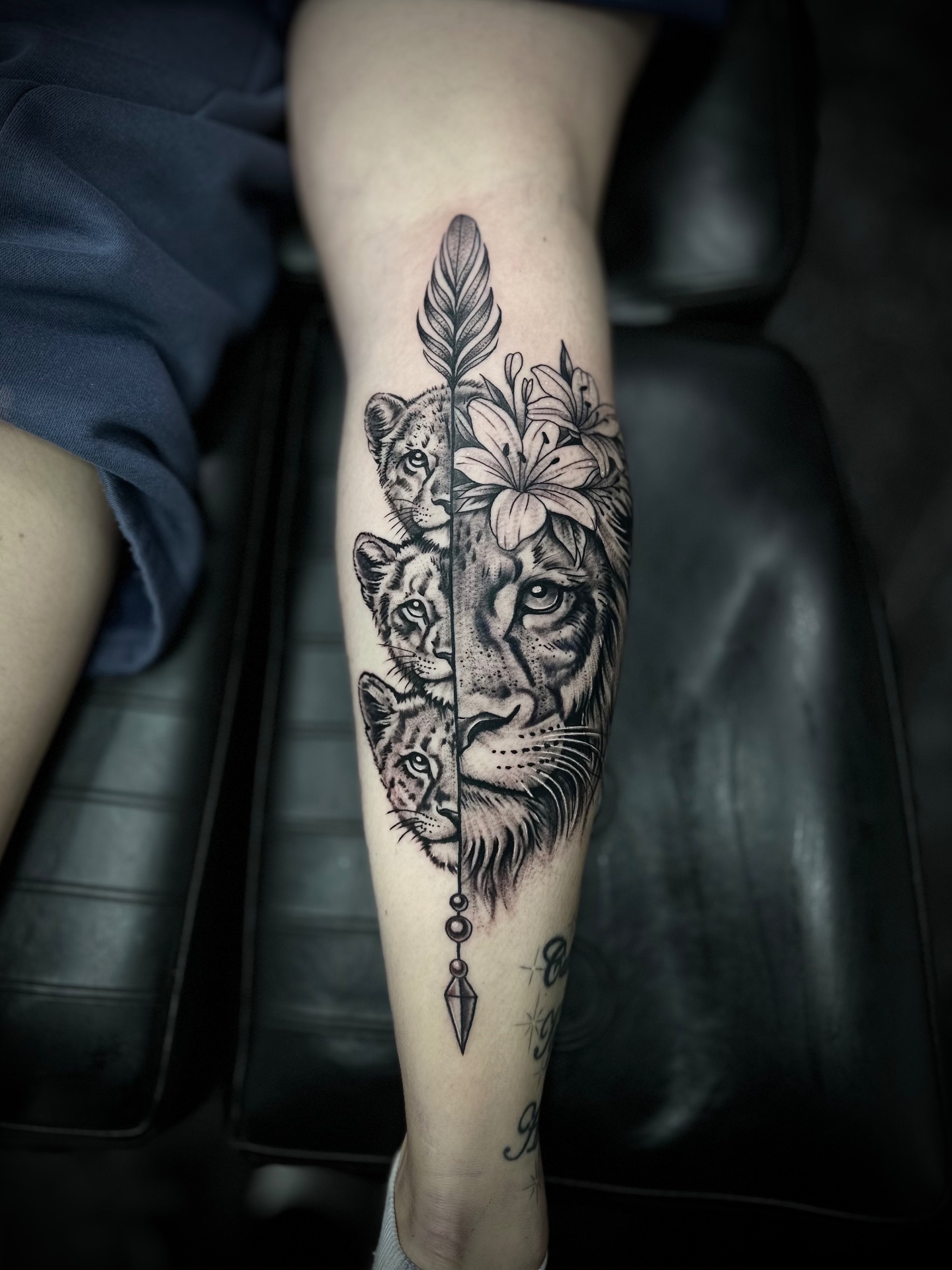 Black & grey lion and cubs tattoo by Steve Evans at Mantra 2