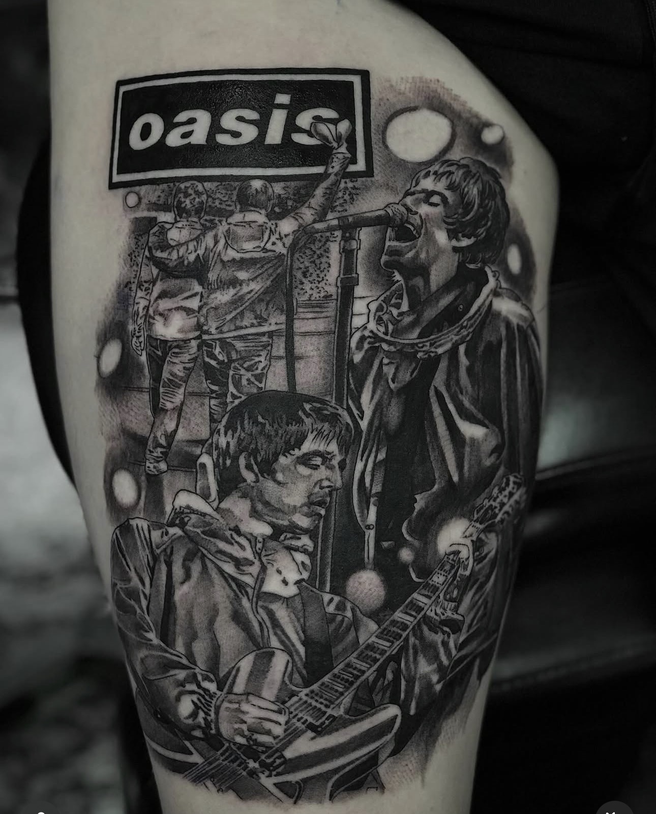 Oasis tribute collage tattoo with Liam Gallagher performing by Danny Birch