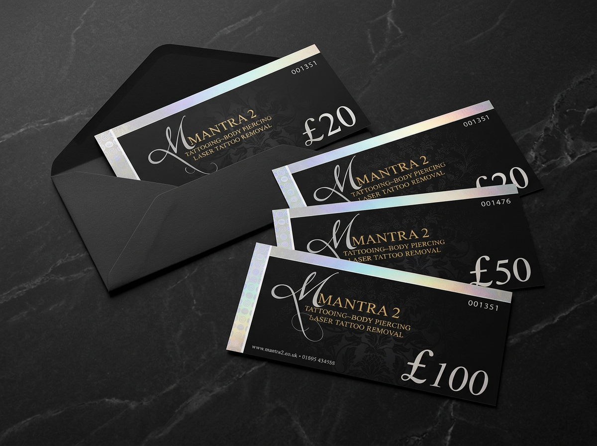 Mantra² Signature Gift Voucher partially emerging from a matte black envelope