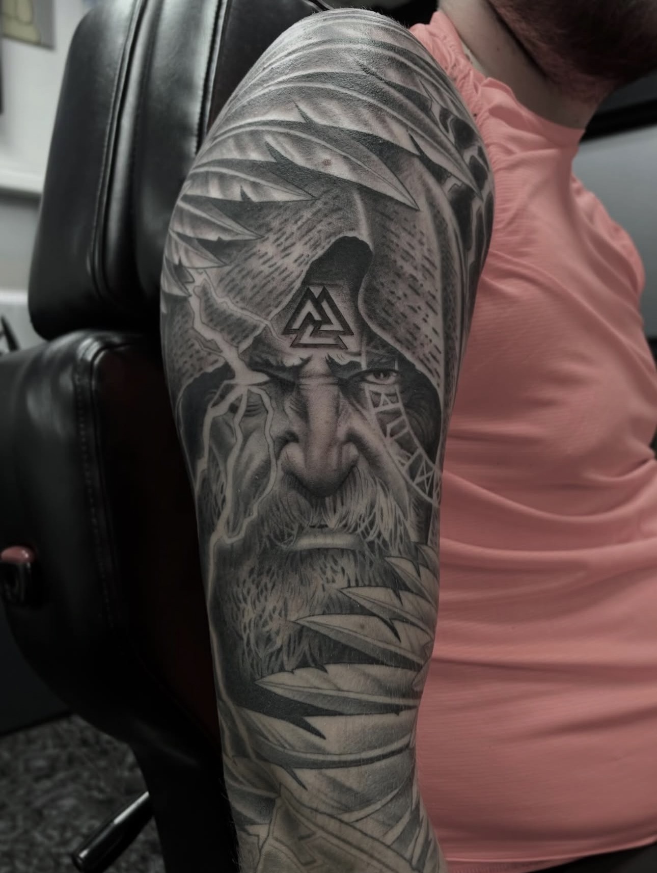 Odin Viking warrior with ravens and Valknut black and grey realism sleeve by Danny Birch