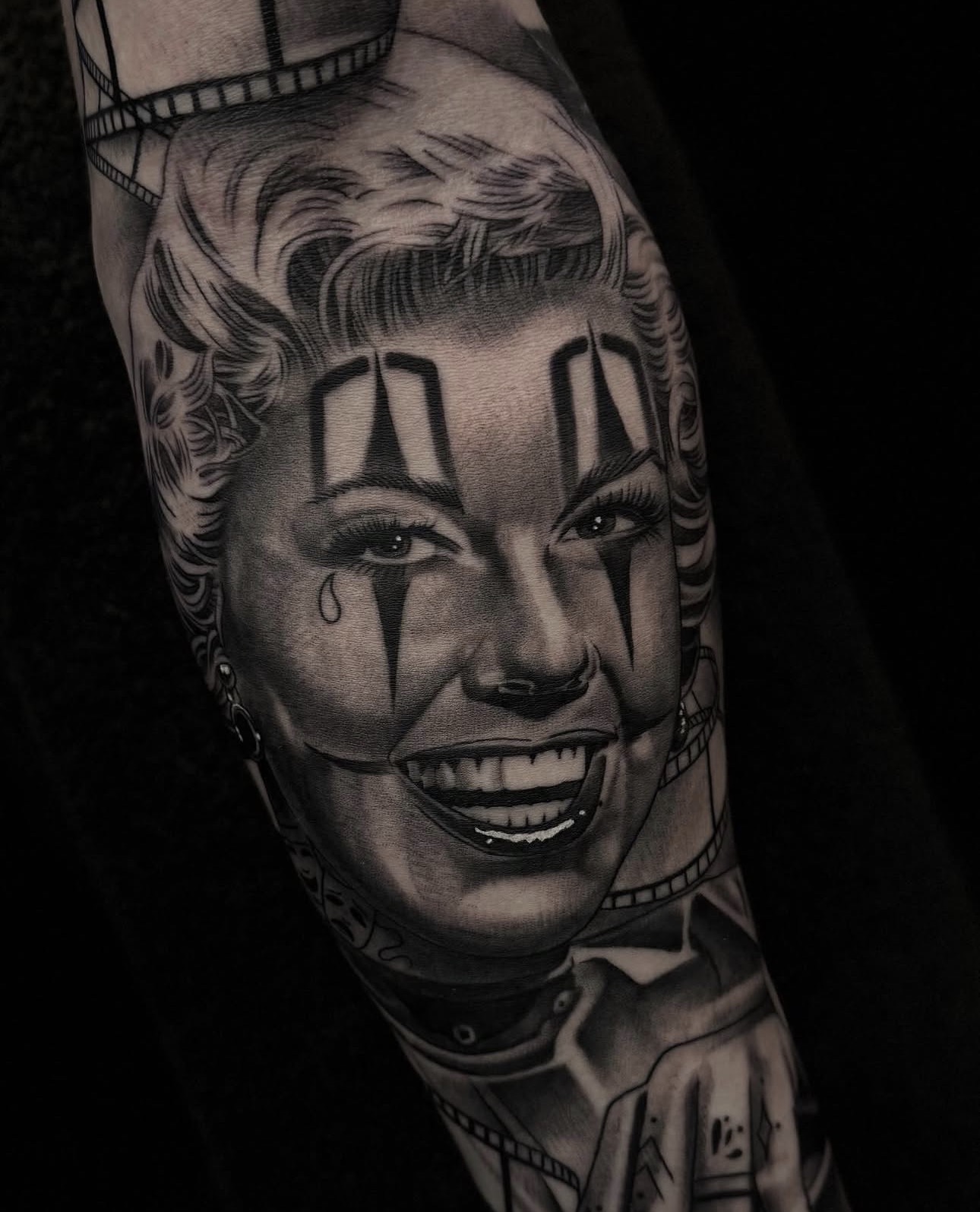 Black & grey clown Marilyn portrait tattoo by Danny Birch at Mantra 2